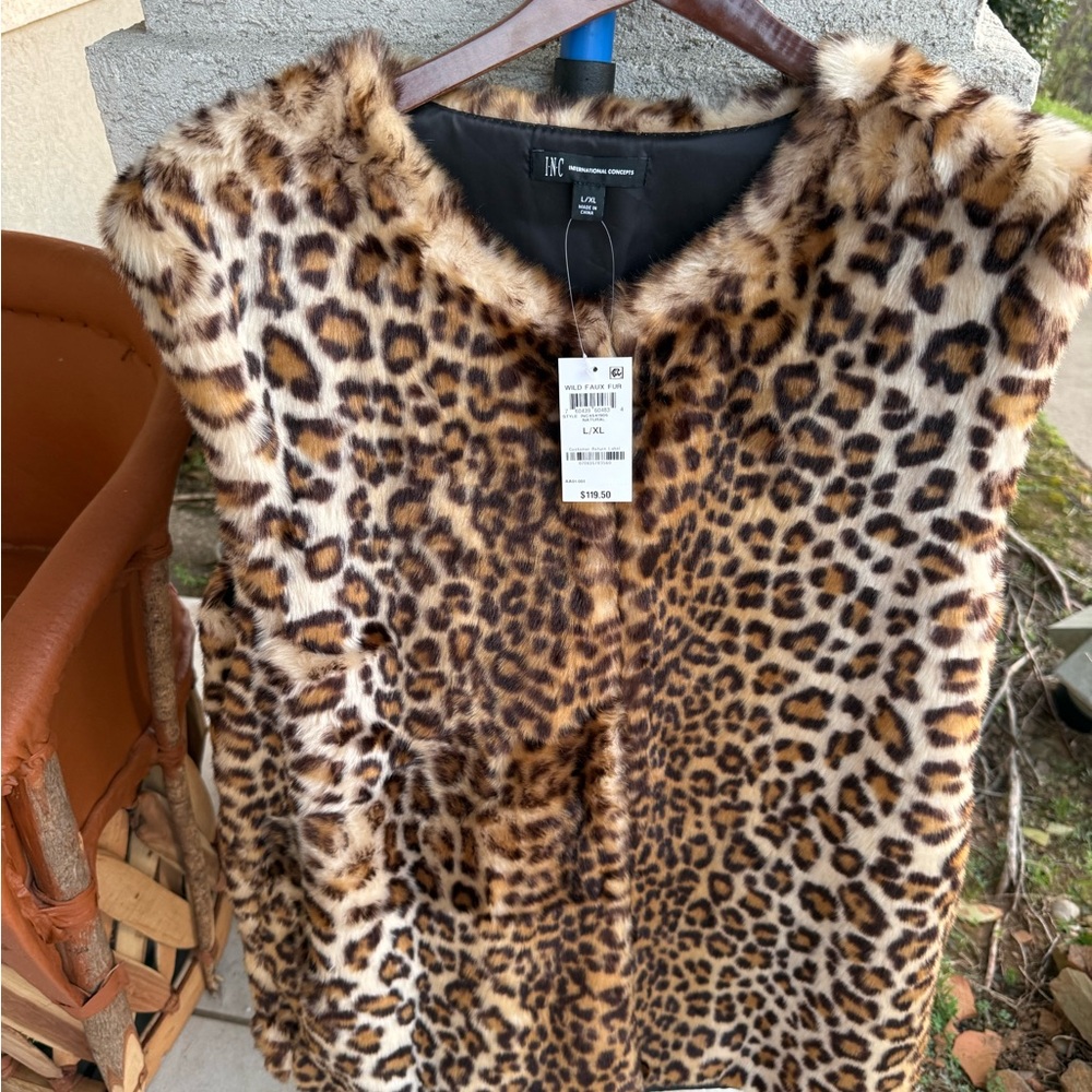 INC International Concepts Leopard Print Faux Fur Vest in Brown & Black